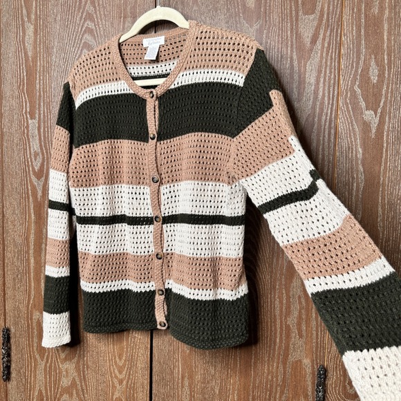 Christopher & Banks Striped Crochet Cardigan Sweater Women's Size L Button Down - Picture 3 of 7